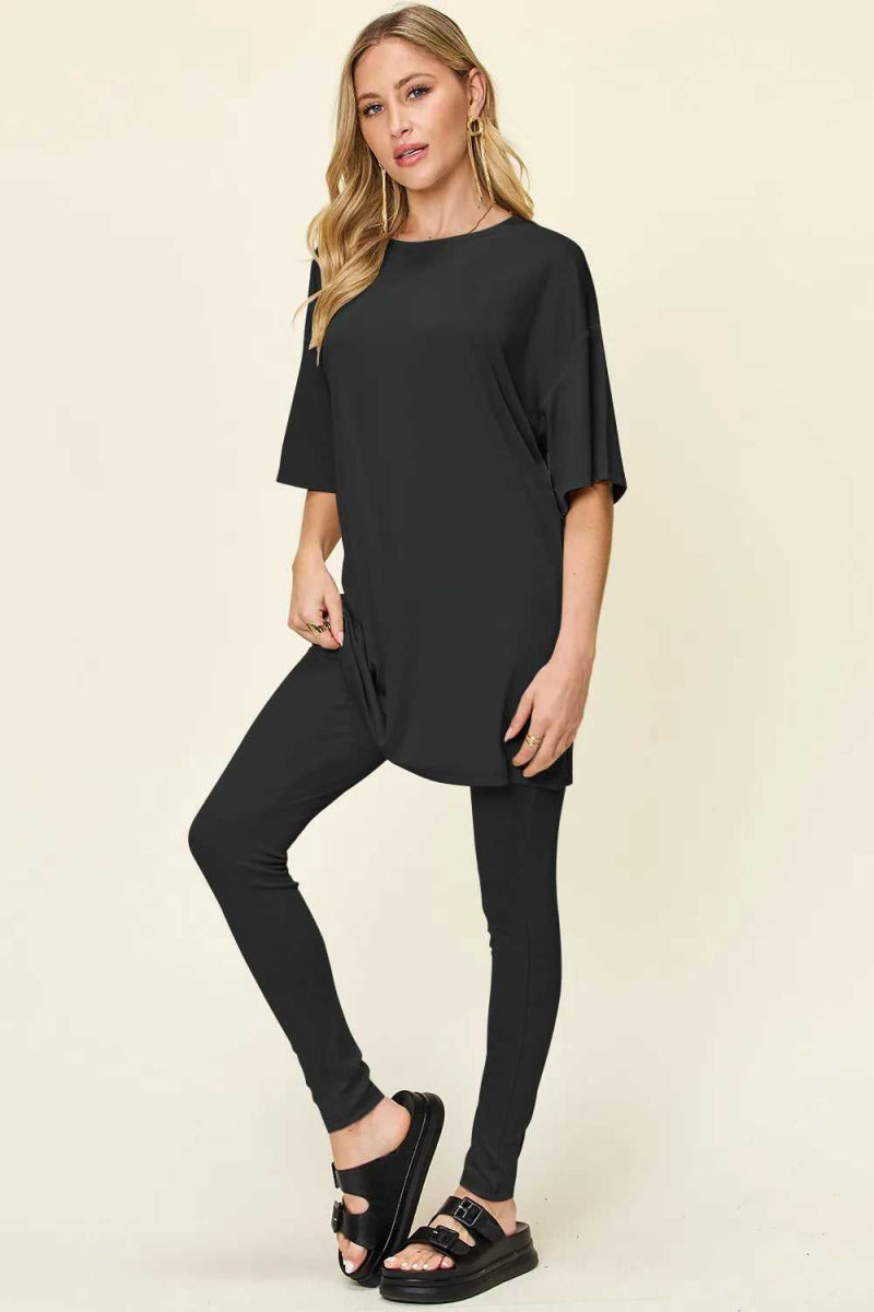 Double Take Full Size Round Neck Dropped Shoulder T-Shirt and Leggings Set - Hopeford Streams