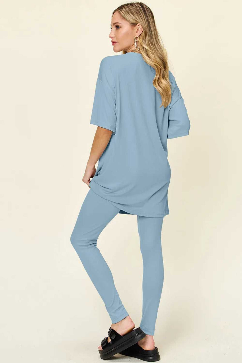 Double Take Full Size Round Neck Dropped Shoulder T-Shirt and Leggings Set - Hopeford Streams