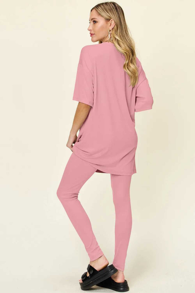 Double Take Full Size Round Neck Dropped Shoulder T-Shirt and Leggings Set - Hopeford Streams