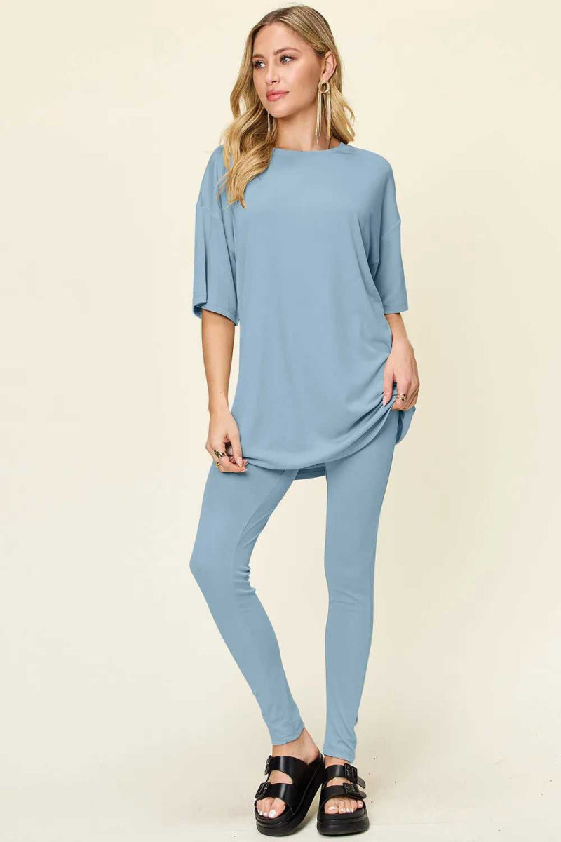 Double Take Full Size Round Neck Dropped Shoulder T-Shirt and Leggings Set - Hopeford Streams