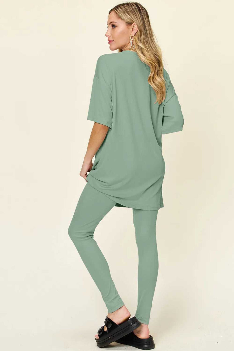 Double Take Full Size Round Neck Dropped Shoulder T-Shirt and Leggings Set - Hopeford Streams