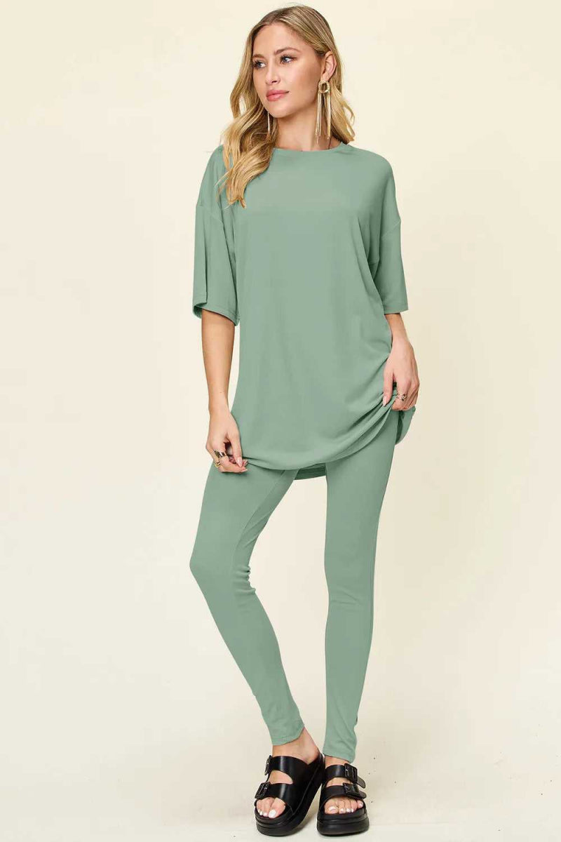 Double Take Full Size Round Neck Dropped Shoulder T-Shirt and Leggings Set - Hopeford Streams