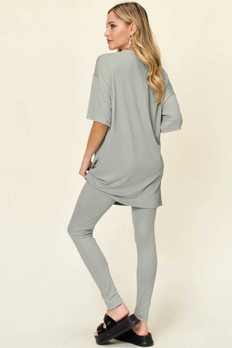 Double Take Full Size Round Neck Dropped Shoulder T-Shirt and Leggings Set - Hopeford Streams