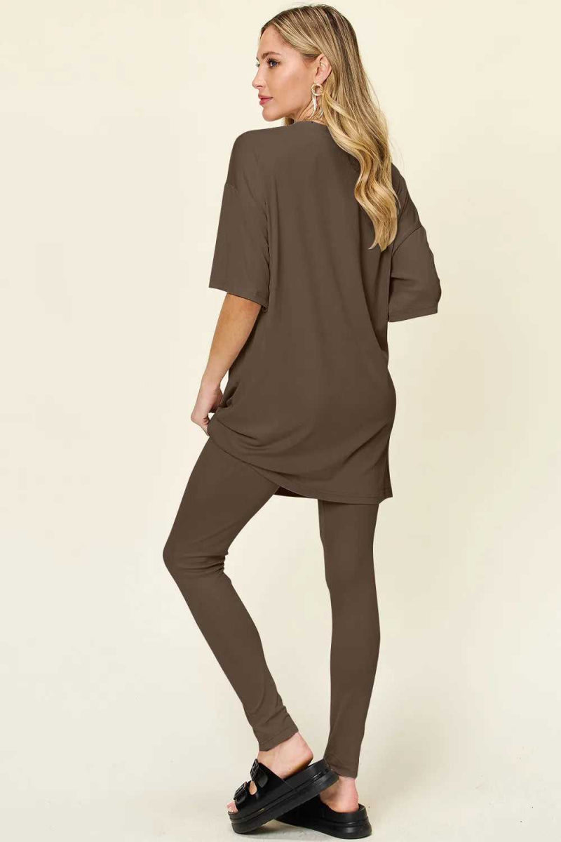 Double Take Full Size Round Neck Dropped Shoulder T-Shirt and Leggings Set - Hopeford Streams