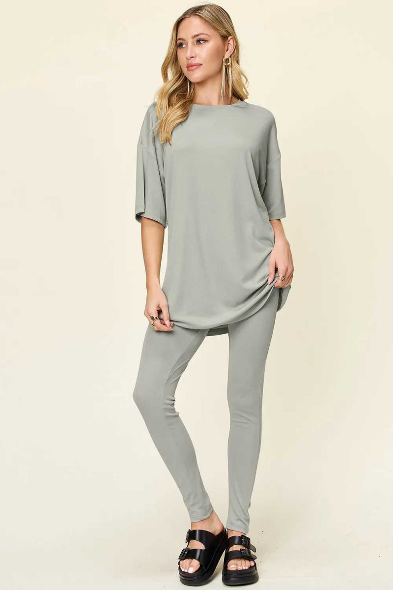 Double Take Full Size Round Neck Dropped Shoulder T-Shirt and Leggings Set - Hopeford Streams