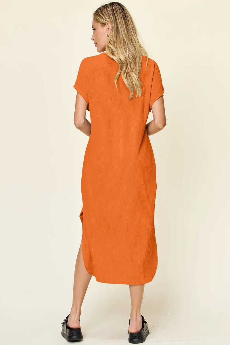 Double Take Full Size Round Neck Short Sleeve Slit Dress - Hopeford Streams