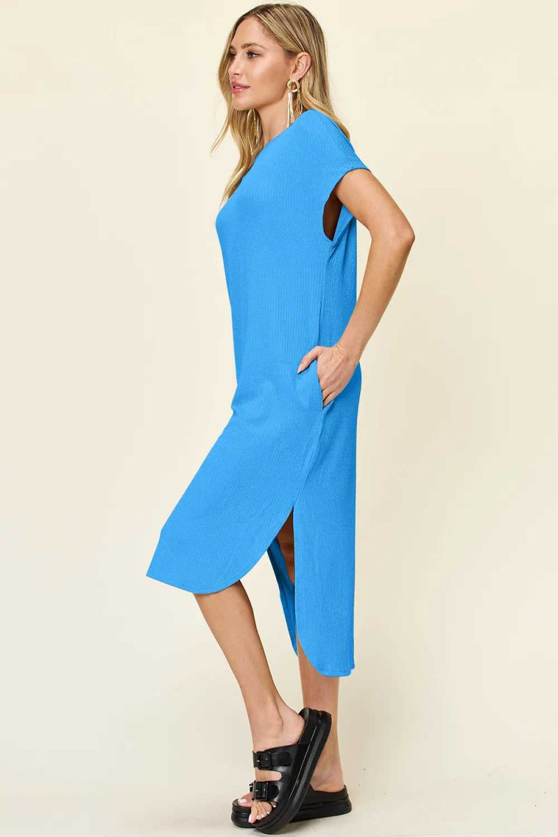 Double Take Full Size Round Neck Short Sleeve Slit Dress - Hopeford Streams