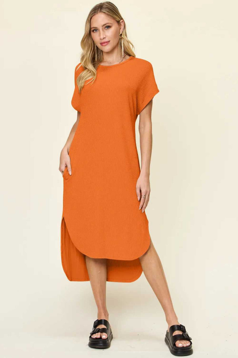 Double Take Full Size Round Neck Short Sleeve Slit Dress - Hopeford Streams
