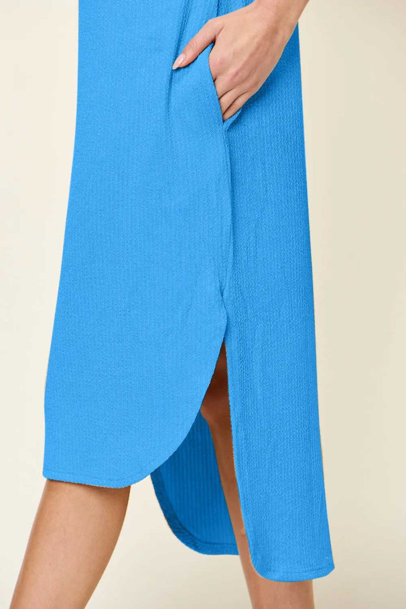 Double Take Full Size Round Neck Short Sleeve Slit Dress - Hopeford Streams