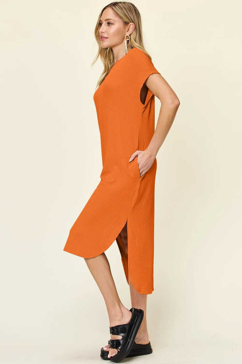 Double Take Full Size Round Neck Short Sleeve Slit Dress - Hopeford Streams