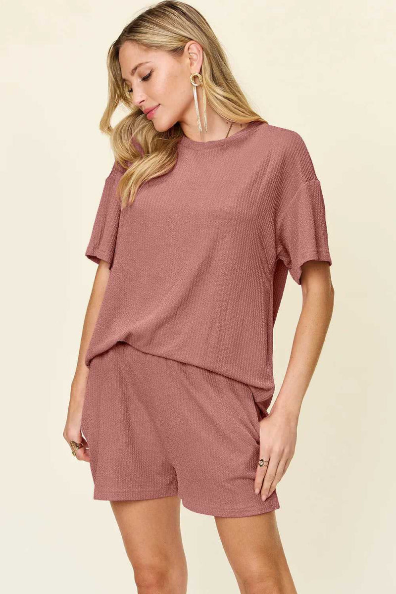 Double Take Full Size Round Neck Short Sleeve T-Shirt and Shorts Set - Hopeford Streams