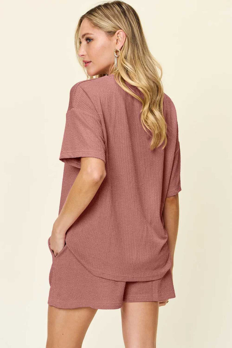 Double Take Full Size Round Neck Short Sleeve T-Shirt and Shorts Set - Hopeford Streams