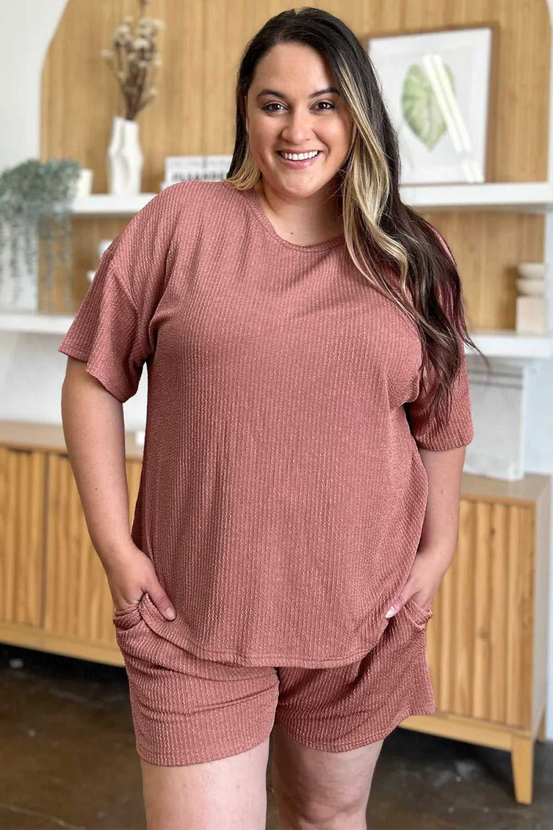 Double Take Full Size Round Neck Short Sleeve T-Shirt and Shorts Set - Hopeford Streams