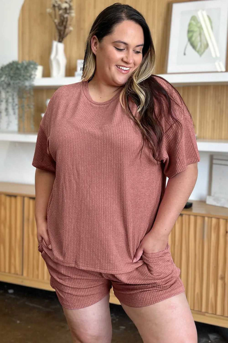 Double Take Full Size Round Neck Short Sleeve T-Shirt and Shorts Set - Hopeford Streams