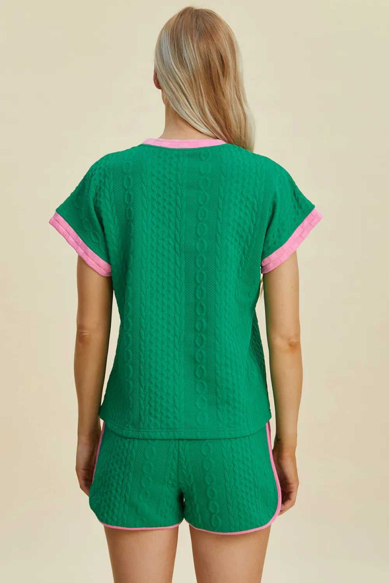 Double Take Full Size Texture Contrast T-Shirt and Shorts Set - Hopeford Streams