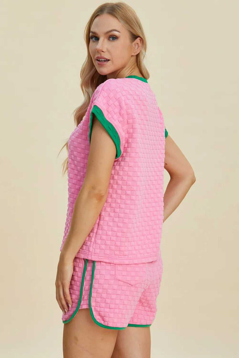 Double Take Full Size Texture Contrast T-Shirt and Shorts Set - Hopeford Streams