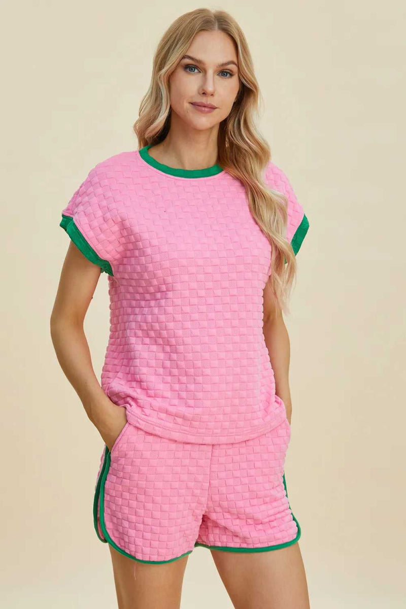 Double Take Full Size Texture Contrast T-Shirt and Shorts Set - Hopeford Streams