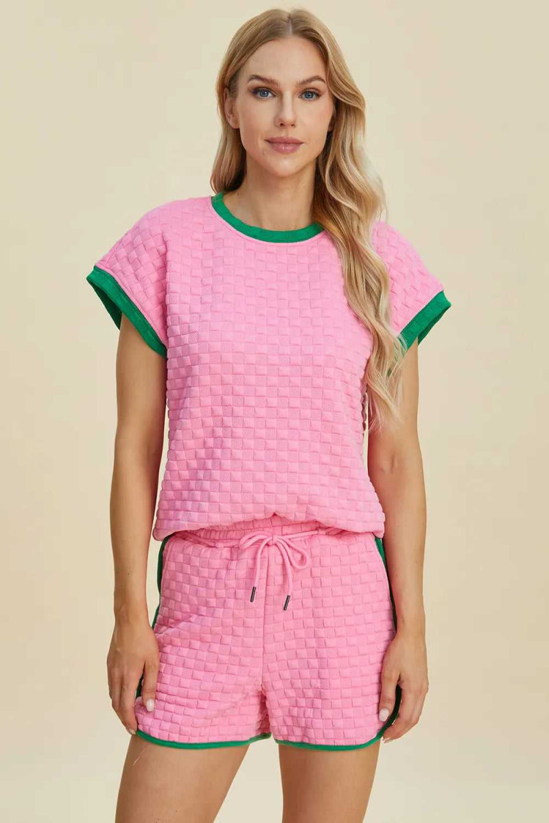 Double Take Full Size Texture Contrast T-Shirt and Shorts Set - Hopeford Streams