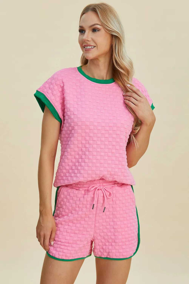 Double Take Full Size Texture Contrast T-Shirt and Shorts Set - Hopeford Streams