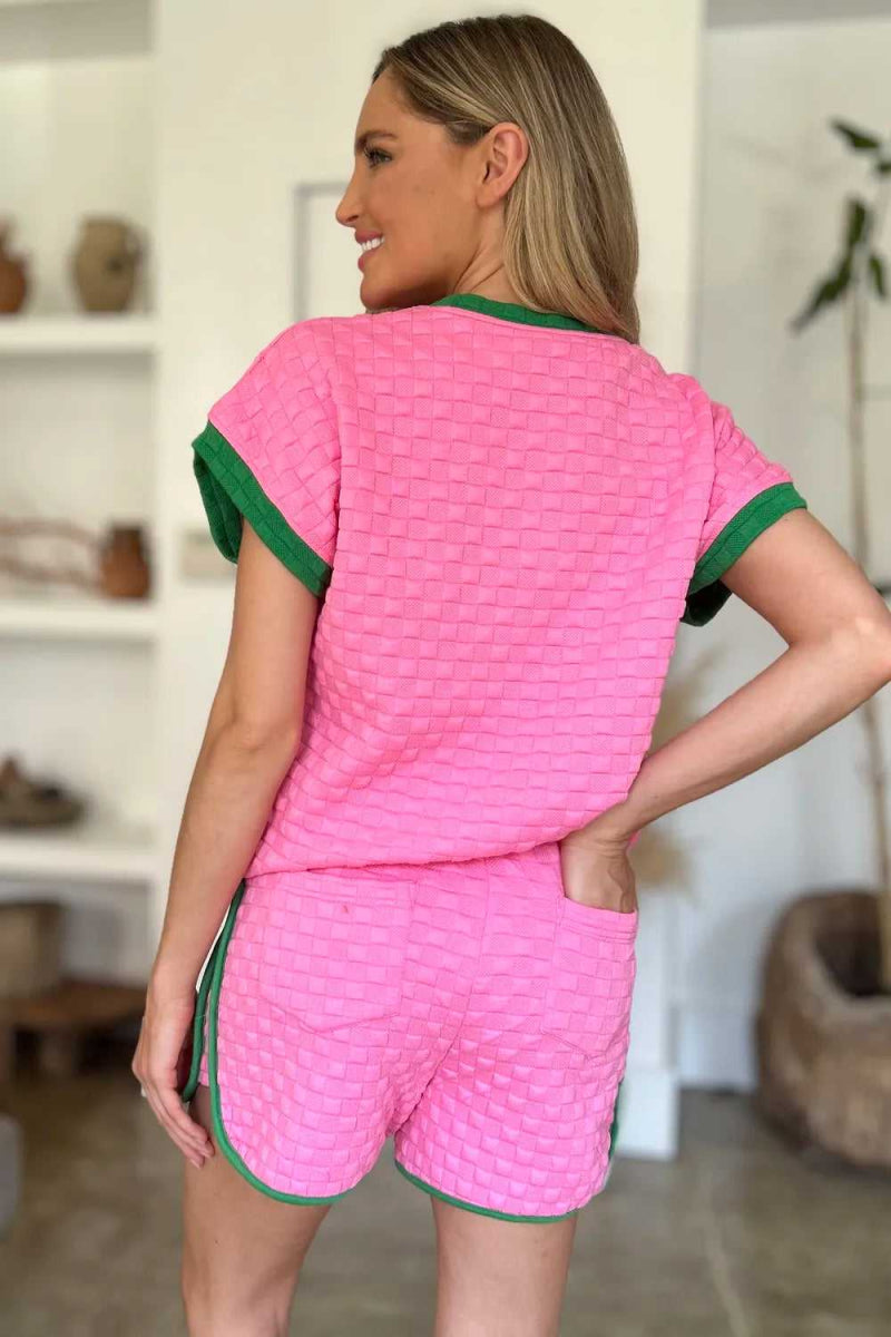 Double Take Full Size Texture Contrast T-Shirt and Shorts Set - Hopeford Streams