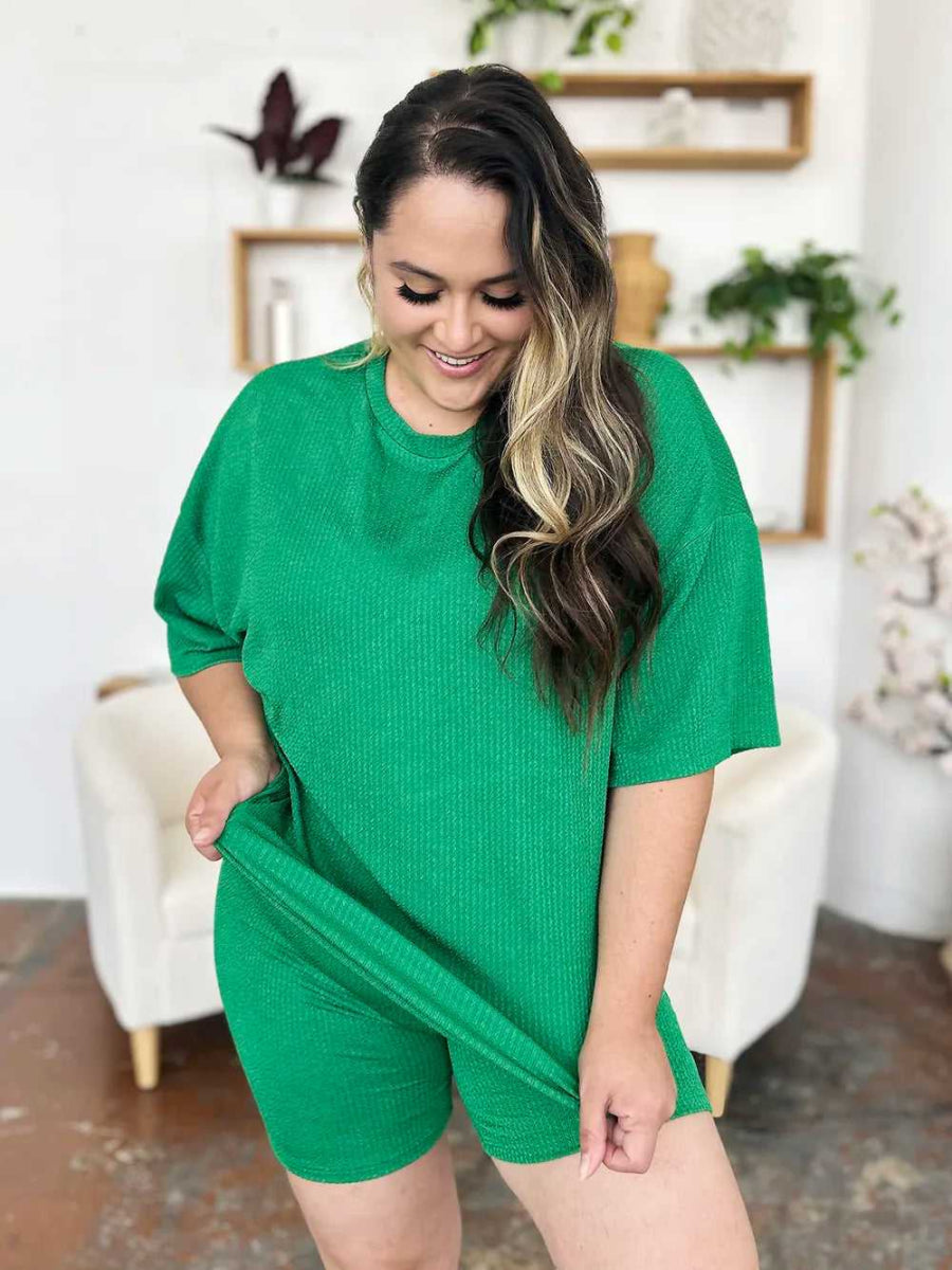 Double Take Full Size Texture Round Neck Drop Shoulder T-Shirt and Shorts Set - Hopeford Streams