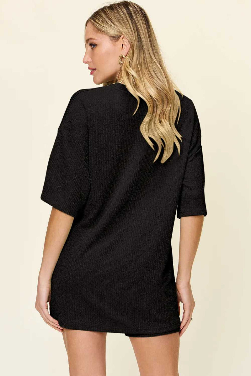 Double Take Full Size Texture Round Neck Drop Shoulder T-Shirt and Shorts Set - Hopeford Streams