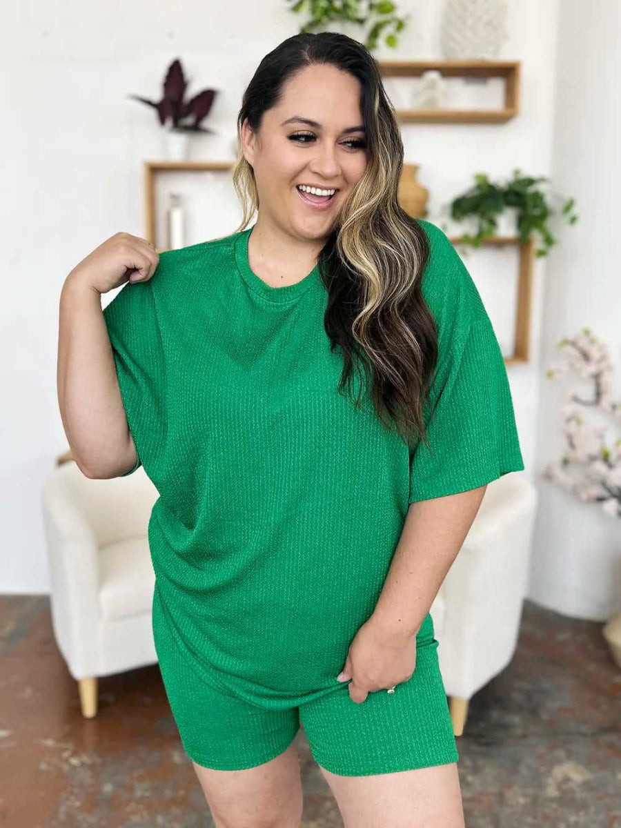 Double Take Full Size Texture Round Neck Drop Shoulder T-Shirt and Shorts Set - Hopeford Streams