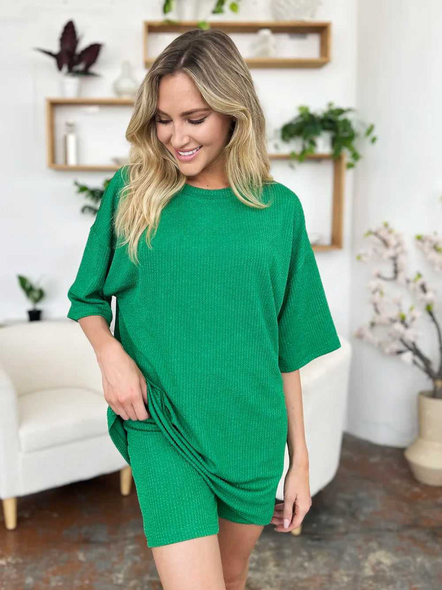 Double Take Full Size Texture Round Neck Drop Shoulder T-Shirt and Shorts Set - Hopeford Streams