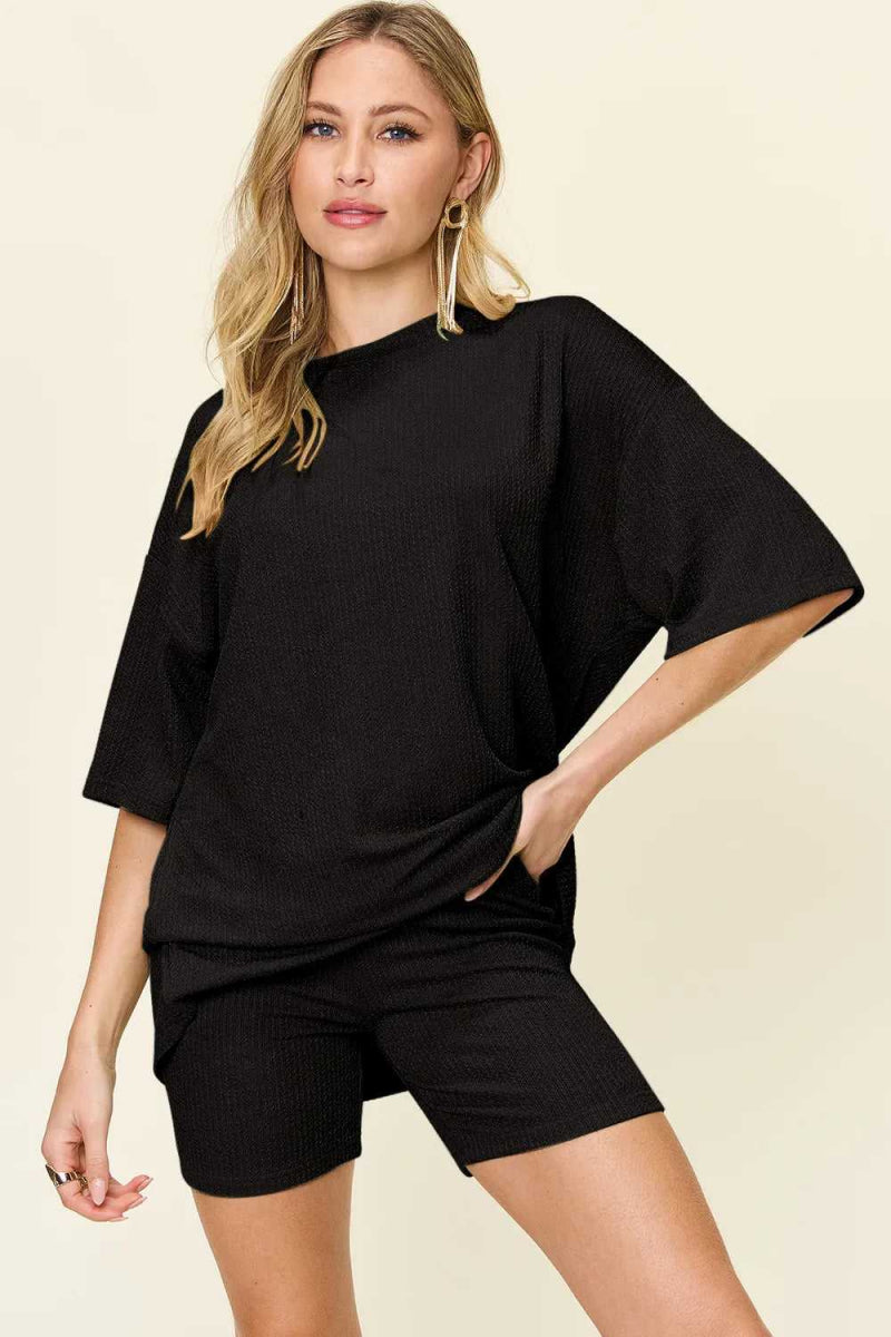 Double Take Full Size Texture Round Neck Drop Shoulder T-Shirt and Shorts Set - Hopeford Streams