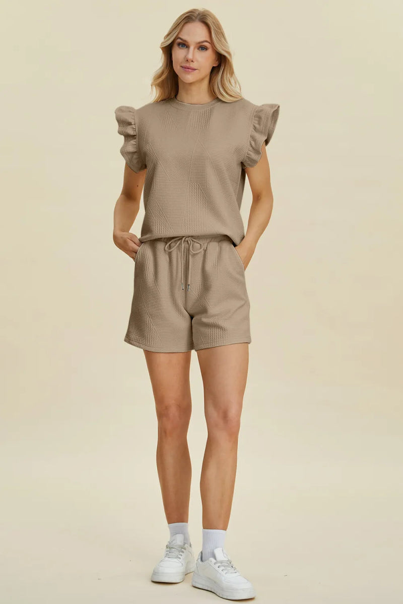 Double Take Full Size Texture Round Neck Ruffle Sleeve Top and Shorts Set - Hopeford Streams