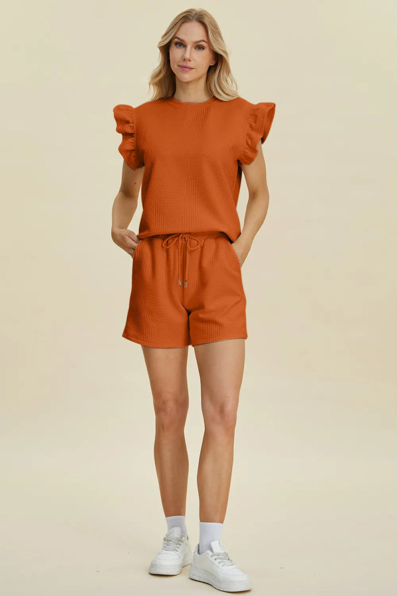 Double Take Full Size Texture Round Neck Ruffle Sleeve Top and Shorts Set - Hopeford Streams