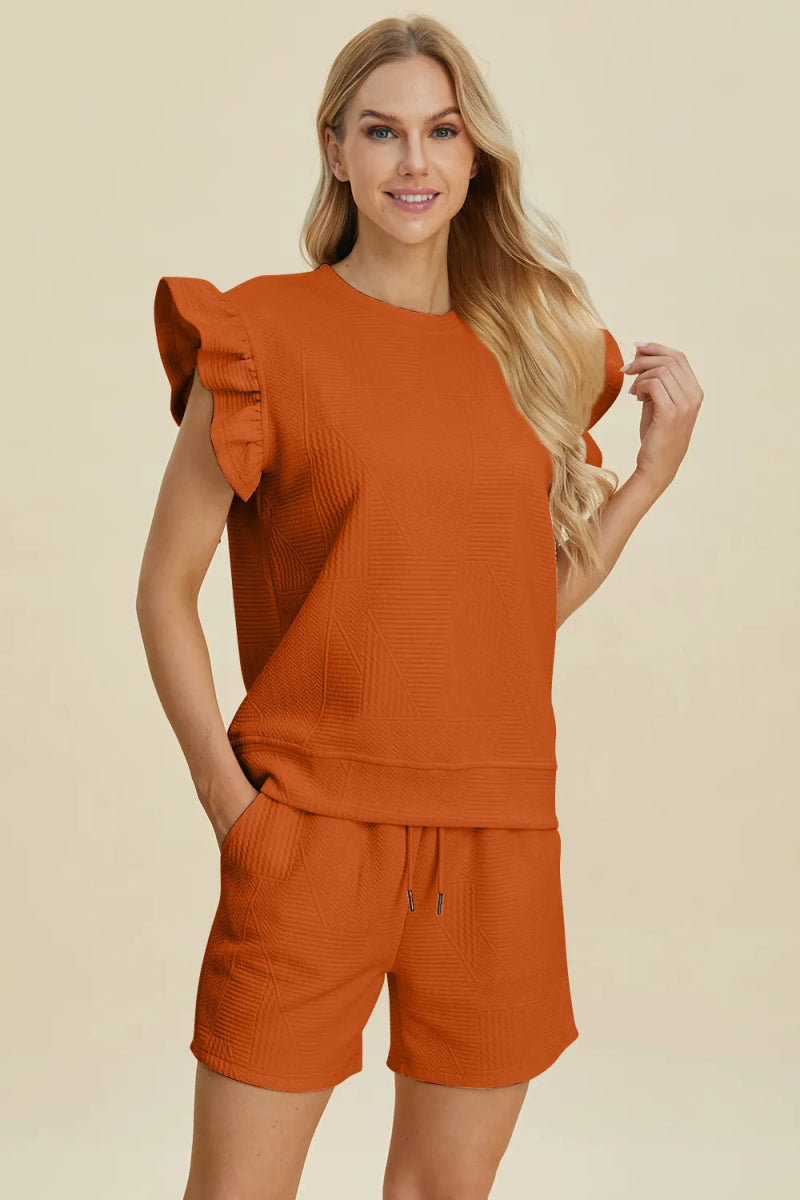Double Take Full Size Texture Round Neck Ruffle Sleeve Top and Shorts Set - Hopeford Streams