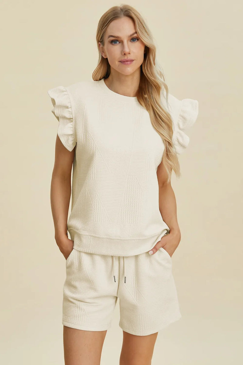 Double Take Full Size Texture Round Neck Ruffle Sleeve Top and Shorts Set - Hopeford Streams
