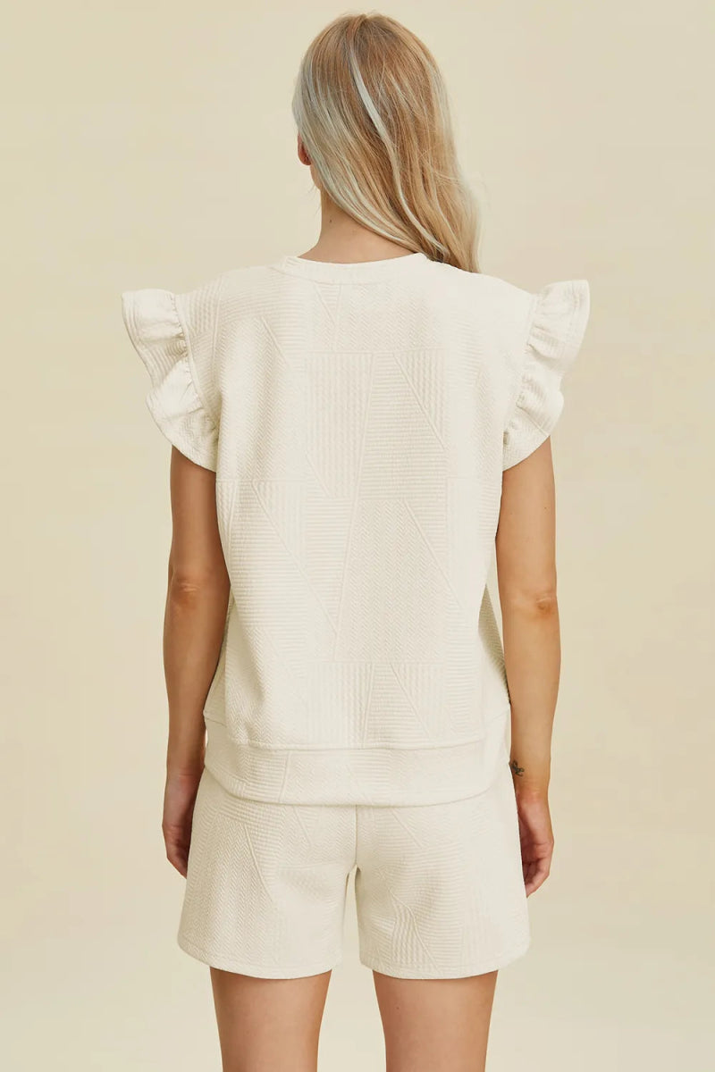 Double Take Full Size Texture Round Neck Ruffle Sleeve Top and Shorts Set - Hopeford Streams
