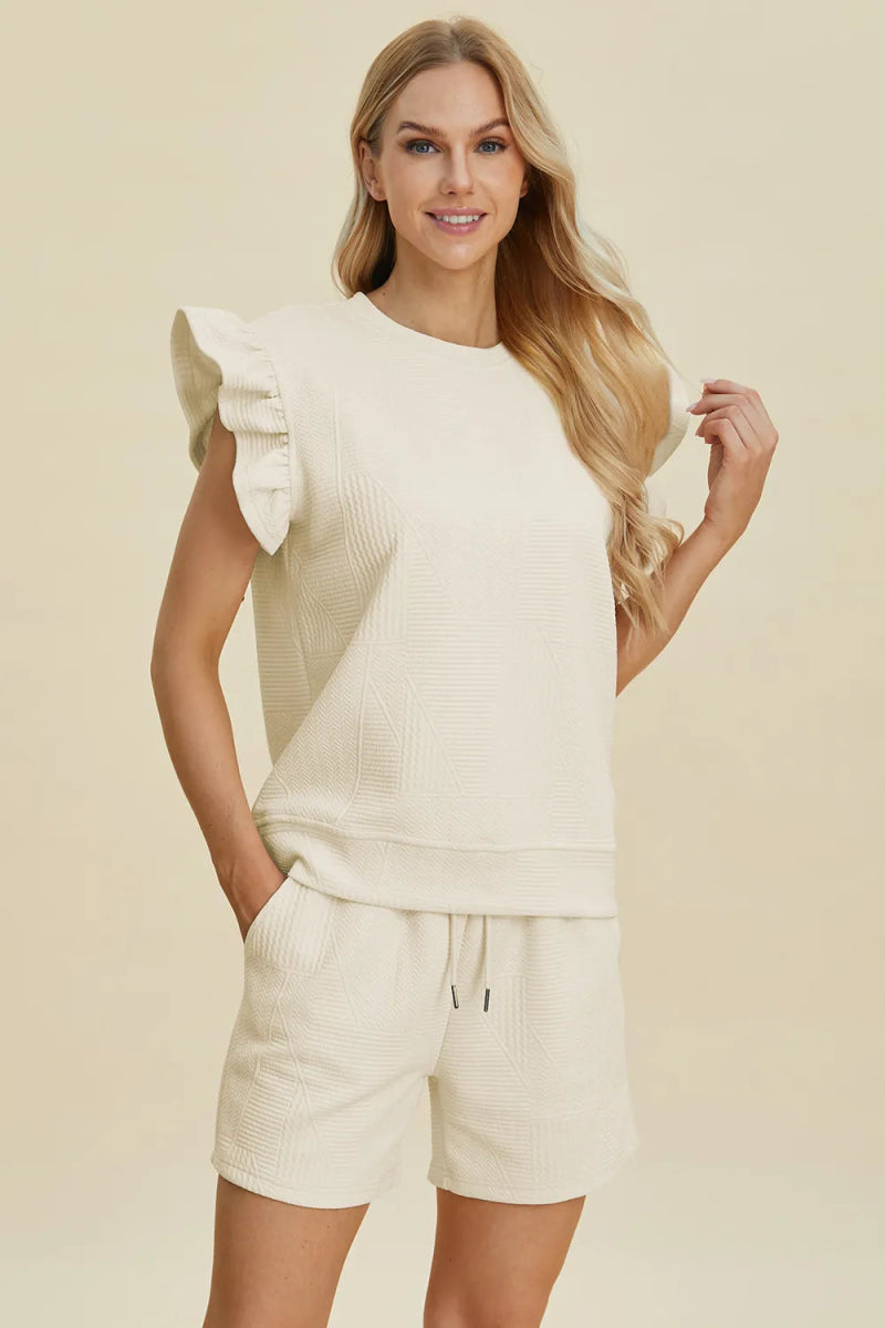 Double Take Full Size Texture Round Neck Ruffle Sleeve Top and Shorts Set - Hopeford Streams
