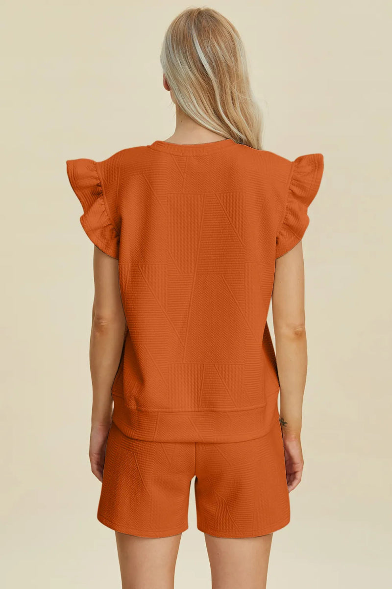Double Take Full Size Texture Round Neck Ruffle Sleeve Top and Shorts Set - Hopeford Streams