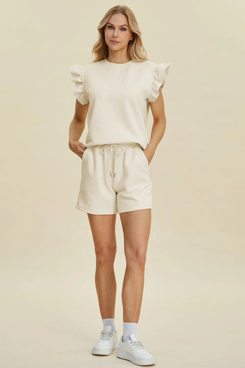 Double Take Full Size Texture Round Neck Ruffle Sleeve Top and Shorts Set - Hopeford Streams