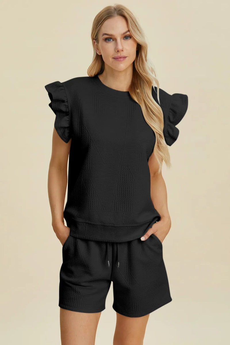 Double Take Full Size Texture Round Neck Ruffle Sleeve Top and Shorts Set - Hopeford Streams
