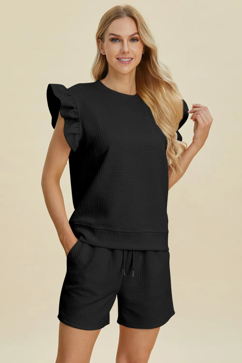 Double Take Full Size Texture Round Neck Ruffle Sleeve Top and Shorts Set - Hopeford Streams