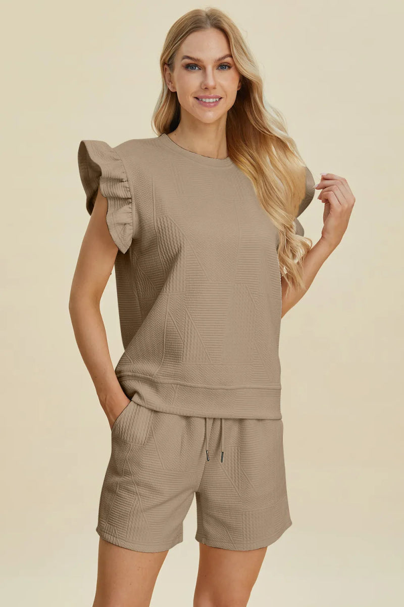 Double Take Full Size Texture Round Neck Ruffle Sleeve Top and Shorts Set - Hopeford Streams