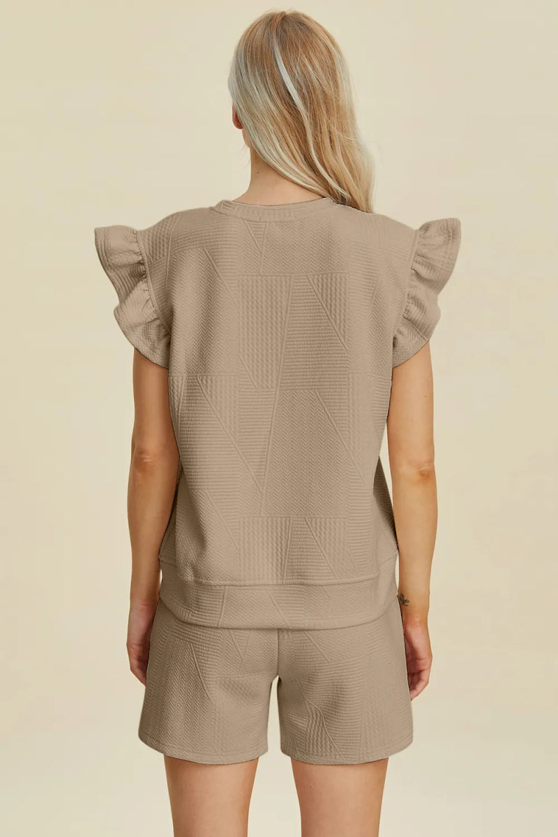 Double Take Full Size Texture Round Neck Ruffle Sleeve Top and Shorts Set - Hopeford Streams