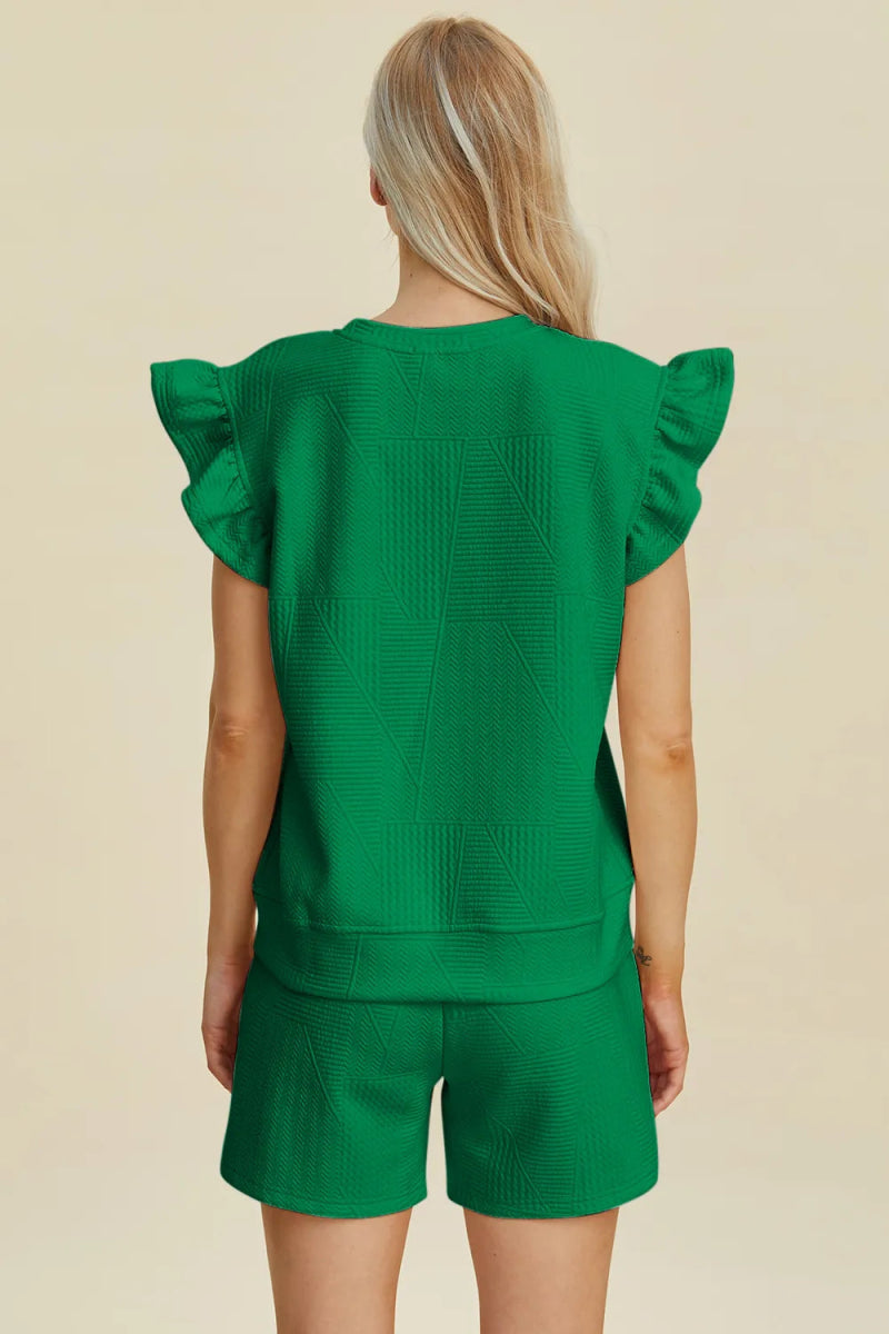 Double Take Full Size Texture Round Neck Ruffle Sleeve Top and Shorts Set - Hopeford Streams