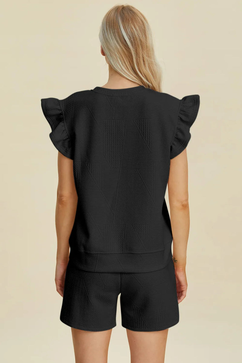 Double Take Full Size Texture Round Neck Ruffle Sleeve Top and Shorts Set - Hopeford Streams