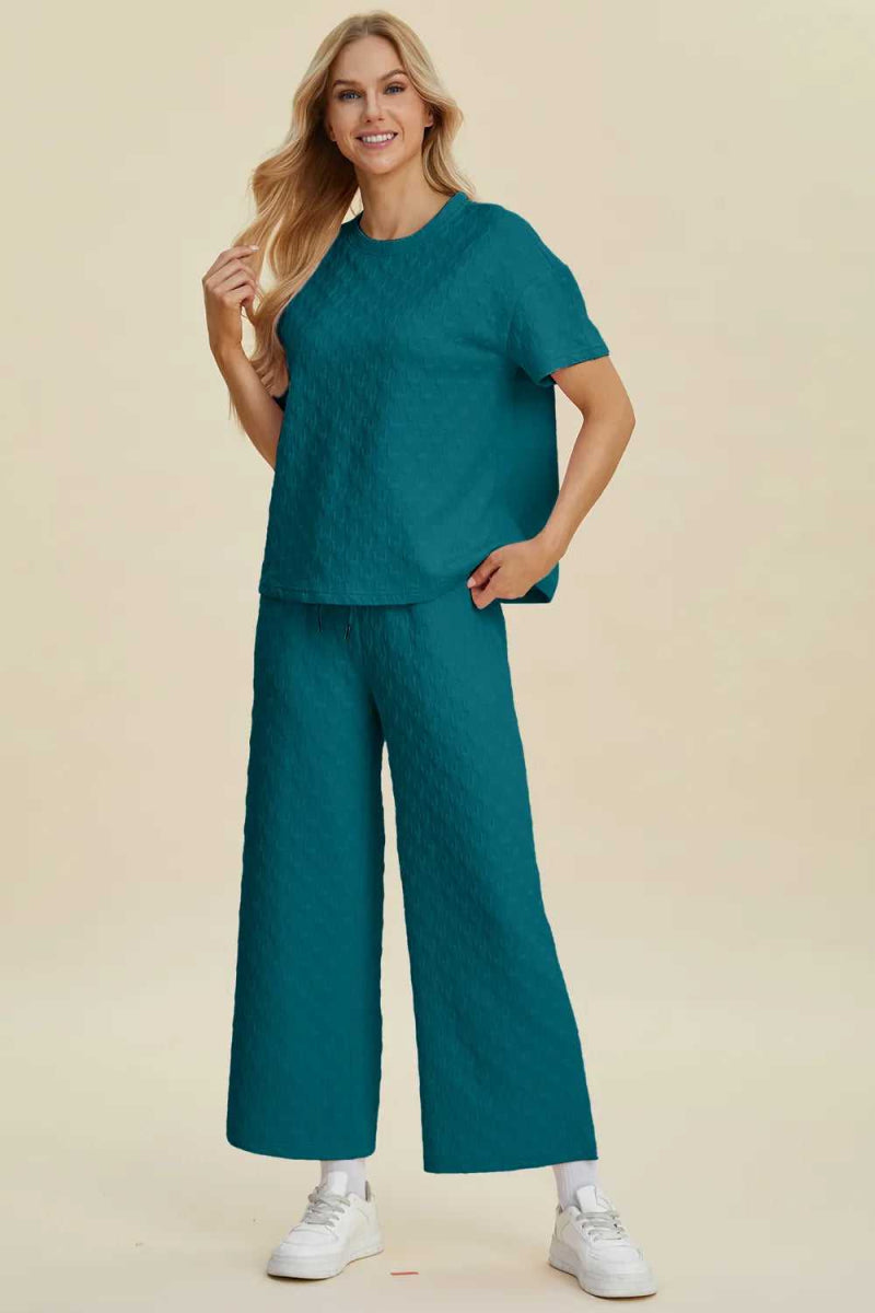 Double Take Full Size Texture Round Neck Short Sleeve Top and Pants Set - Hopeford Streams