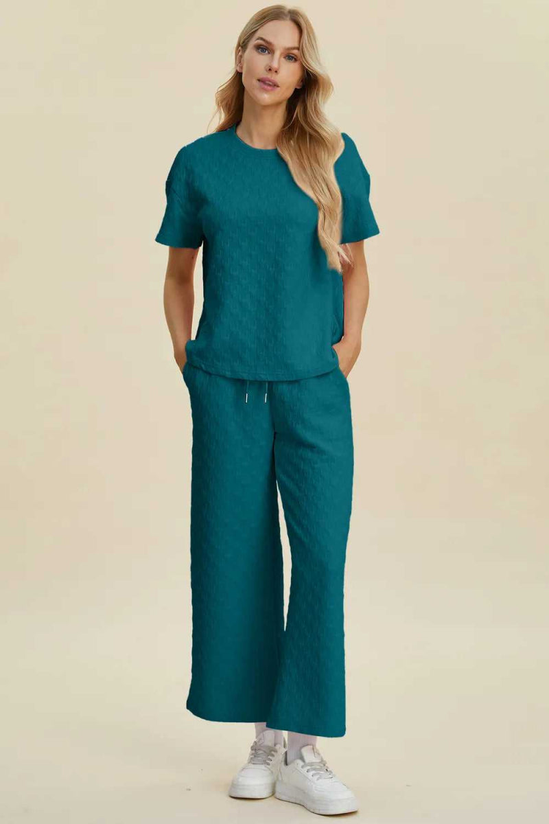 Double Take Full Size Texture Round Neck Short Sleeve Top and Pants Set - Hopeford Streams