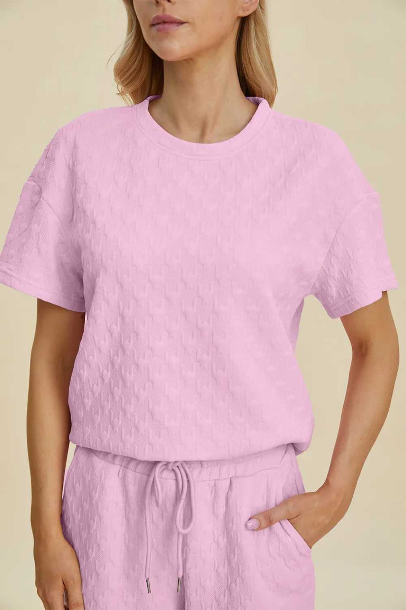 Double Take Full Size Texture Round Neck Short Sleeve Top and Pants Set - Hopeford Streams