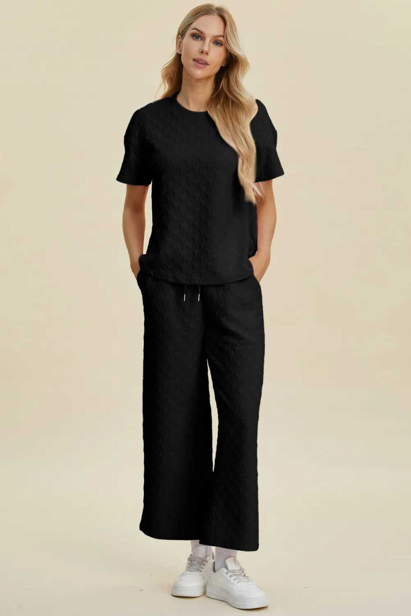 Double Take Full Size Texture Round Neck Short Sleeve Top and Pants Set - Hopeford Streams