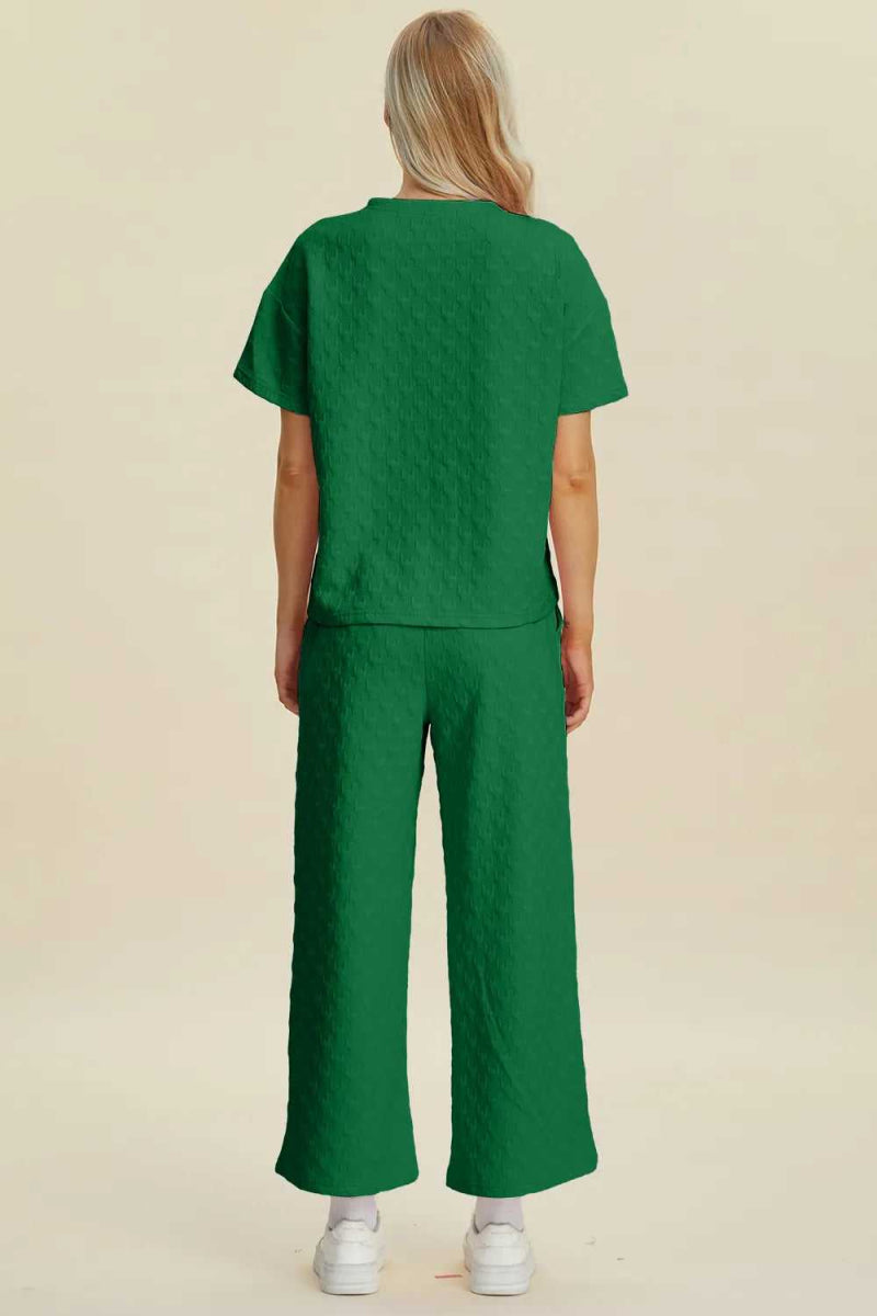 Double Take Full Size Texture Round Neck Short Sleeve Top and Pants Set - Hopeford Streams