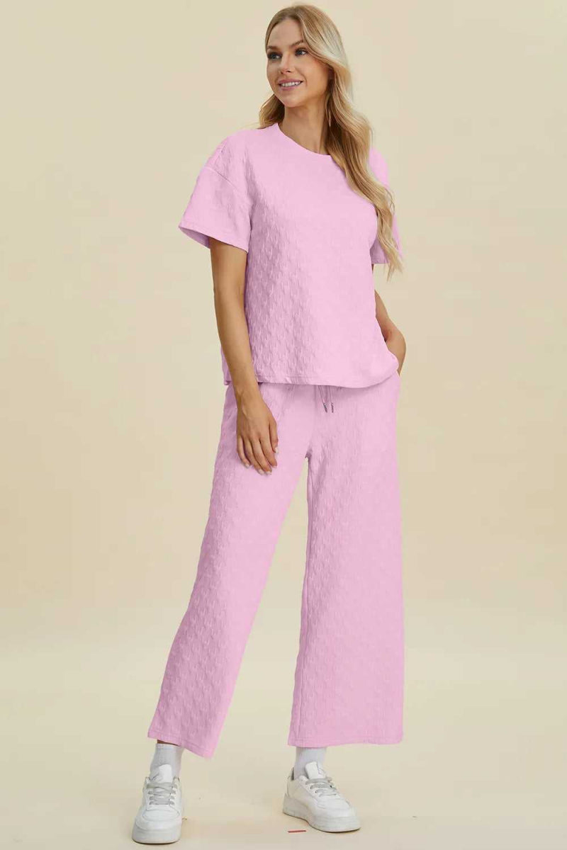 Double Take Full Size Texture Round Neck Short Sleeve Top and Pants Set - Hopeford Streams