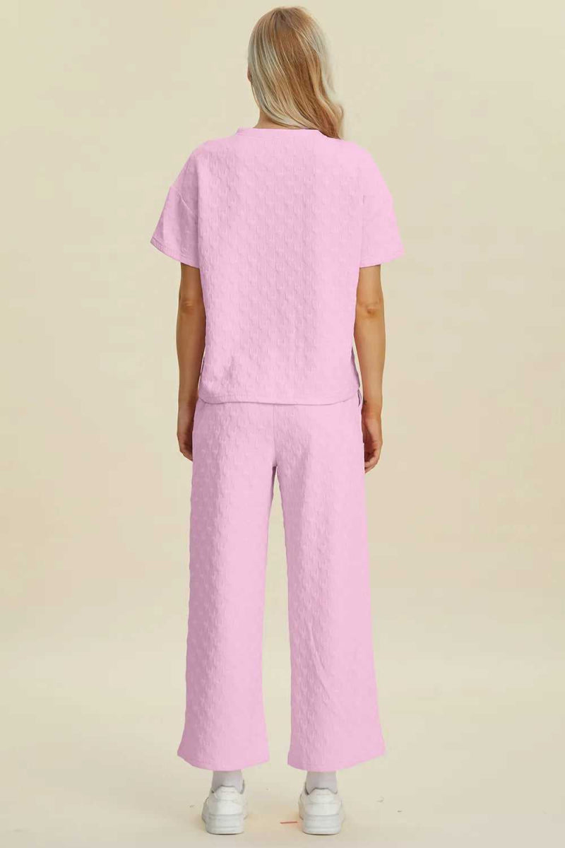 Double Take Full Size Texture Round Neck Short Sleeve Top and Pants Set - Hopeford Streams